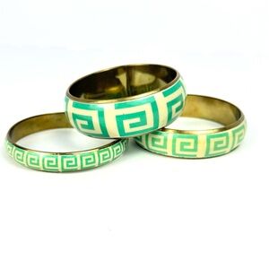 Vintage Brass Greek key bangles Stack Set Of 3. Brass Teal Acrylic Greek Key Pat